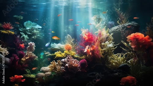  an underwater scene of a coral reef with fish and corals in the foreground and sunlight streaming through the water.