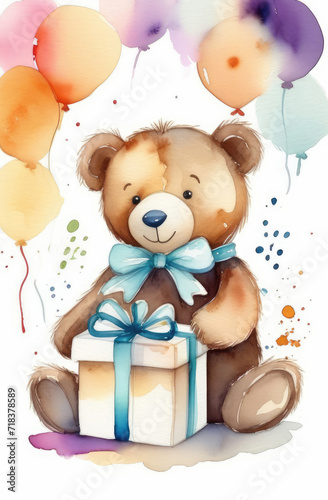 cute teddy bear toy with bow tie, colorful balloons and gift box, birthday watercolor greeting card.