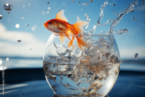 Goldfish leaps out of the aquarium to throw itself into the sea. Generative AI