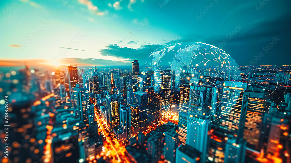 Obraz premium Modern City Skyline at Night, Urban Architecture and Skyscrapers, Aerial View of Downtown, Futuristic Landscape in Hong Kong, Metropolitan Travel Destination