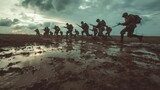 soldiers with helmet running on wet ground