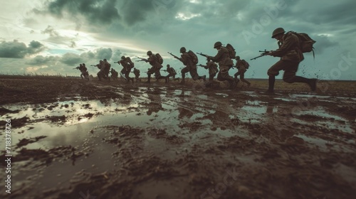 soldiers with helmet running on wet ground photo