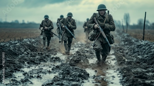 Soldiers with helmets running on wet ground in the middle of the world war. world conflicts concept