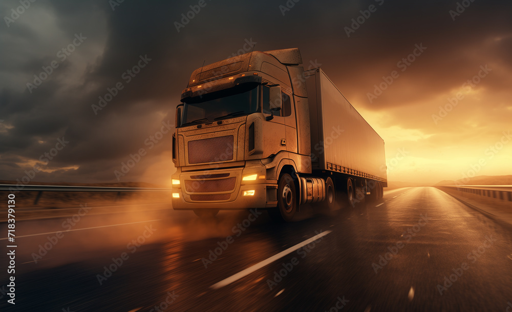 White truck moving on the road in a natural landscape at sunset. Generative AI