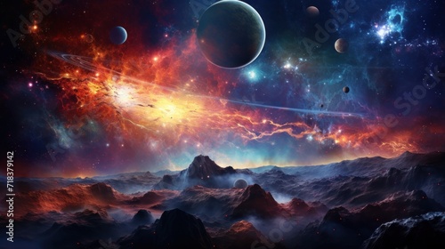  an artist's rendering of planets in the sky with a mountain in the foreground and a distant star in the background.