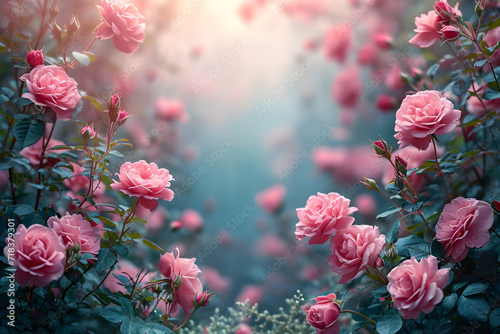 Beautiful rose bush on blurred background. Cursed, magic flower. Romantic luxury background. Elegant love and passion concept for Women's, Valentines and Mother's Day - obrazy, fototapety, plakaty 