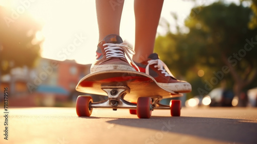 Young skateboarders legs. A skater, adorned in red sneakers, rides a skateboard with precision and grace amidst the soft glow of the setting sun, embodying freedom and youth