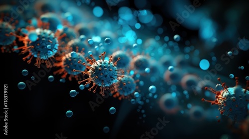 3D illustration of Swine Influenza or SARS-CoV-2 virus. Swine Influenza is a type of virus that is transmitted to humans via contaminated food or water #718379921