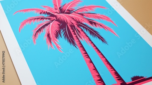  a picture of a pink palm tree against a blue sky with a shadow of a palm tree in the foreground.