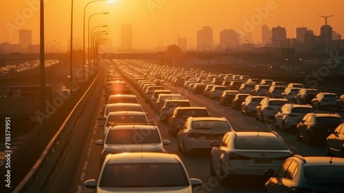 Car Emissions. Car roof tops in large traffic jam illuminated by setting Sun