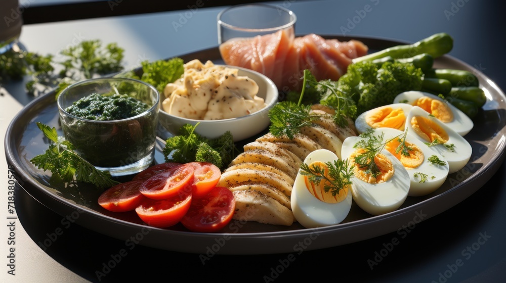  a close up of a plate of food with eggs, tomatoes, broccoli, carrots and other foods.