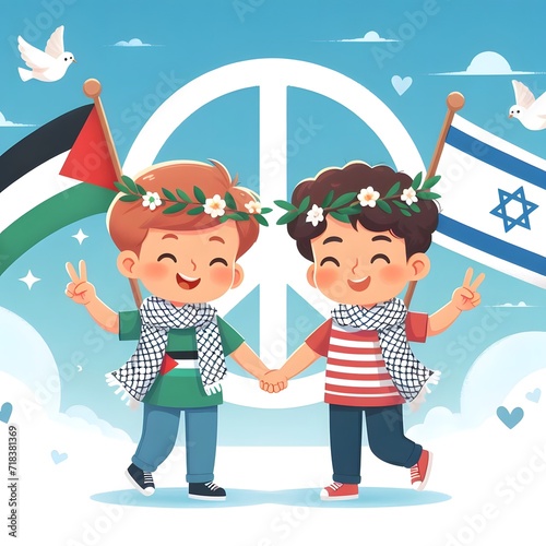 Drawing of Palestinian and Israeli kids holding hands and the peace symbol behind them