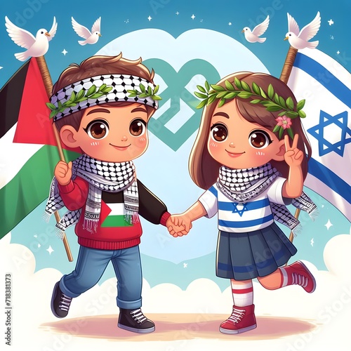 Drawing of Palestinian and Israeli kids holding hands and the peace symbol behind them