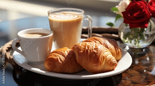  a white plate topped with two croissants next to a cup of coffee and a vase of flowers.