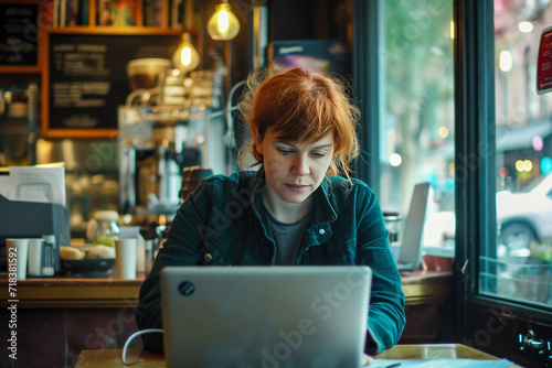 Free Download person sitting in a coffee shop, typing on a laptop with a look of inspiration on their face - GFXLoad