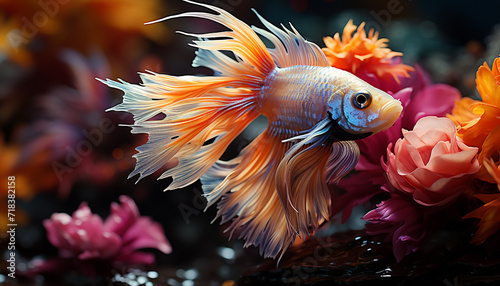 Vibrant colored fish swimming in underwater beauty generated by AI