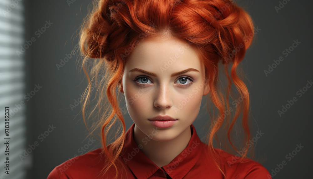 Fototapeta premium Beautiful woman with long curly hair looking at camera smiling generated by AI
