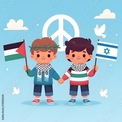 Drawing of Palestinian and Israeli kids holding hands and the peace symbol behind them