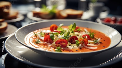  a close up of a bowl of soup on a plate on a table with bread and a glass of wine in the background.