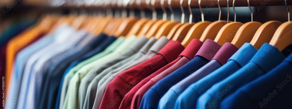 Multi-colored shirt hanging on a rack in a store Multi-colored shirt hanging on a rack in a store