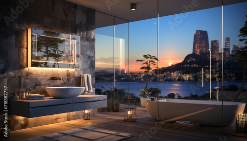 Modern architecture  domestic room  indoors  window  luxury  design  night  no people  flooring  dusk generated by AI