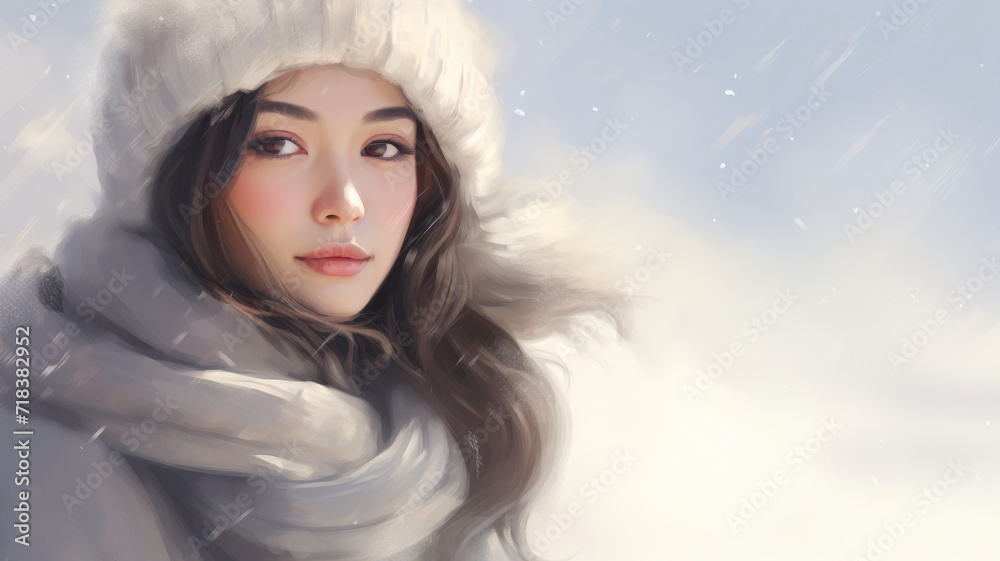 Peaceful solitude. Young stylish woman gazes upon a snowy landscape bathed in the warm hues of sunset, evoking a sense of peaceful solitude.”
