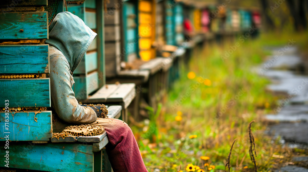 Woman in Countryside with Bees, Beekeeping in Autumn Field, Female in Red Dress and Yellow Sweater, Rural Lifestyle and Agriculture, Nature and Beauty, Organic Farming