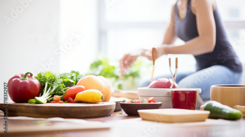 Healthy  living. A woman enjoys a moment of serenity  preparing a colourful  fresh meal with an array of vibrant vegetables illuminating her space