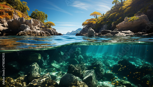 Underwater adventure, fish swim in beautiful tropical reef generated by AI