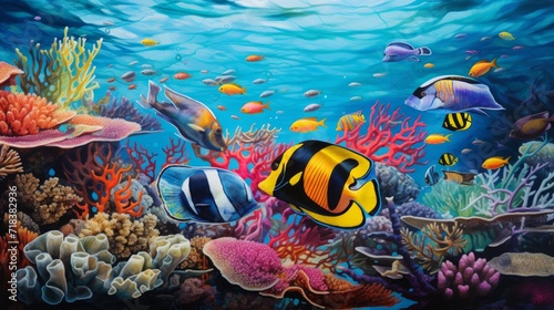 Animals of the underwater sea world. Ecosystem. Colorful tropical fish. Neural network AI generated art