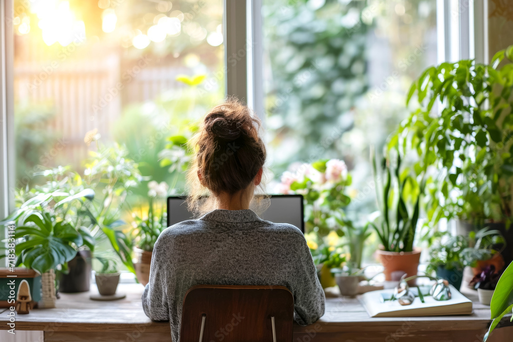 person working on a laptop in a cozy home office with a view of the garde person working on a laptop in a cozy home office with a view of the garde