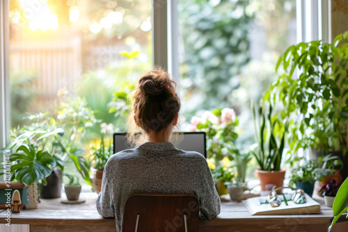 person working on a laptop in a cozy home office with a view of the garde