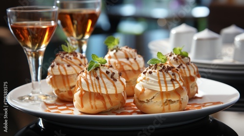  a white plate topped with mini desserts covered in caramel drizzle and topped with a green leaf.