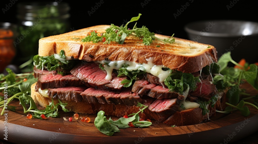 a roast beef sandwich with lettuce and dressing on a cutting board with a bowl of dressing in the background. a roast beef sandwich with lettuce and dressing on a cutting board with a bowl of dressing in the background.