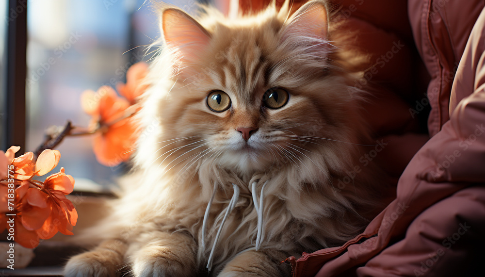 Cute kitten with fluffy fur sitting, looking at camera generated by AI