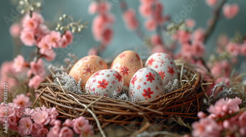Elegant Easter Eggs with Delicate Floral Patterns in Woven Basket
