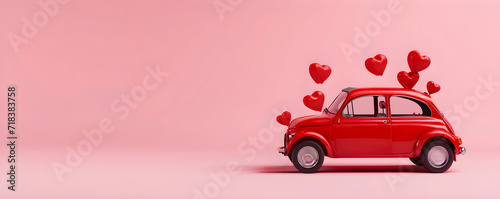 Red toy retro car with hearts on pink background. Present with love for Valentine's, Mother's and Women's day concept. Greeting card, banner, poster, flyer, backdrop with copy space	 photo