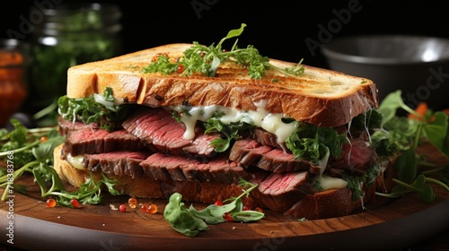  a roast beef sandwich with lettuce and dressing on a cutting board with a bowl of dressing in the background.