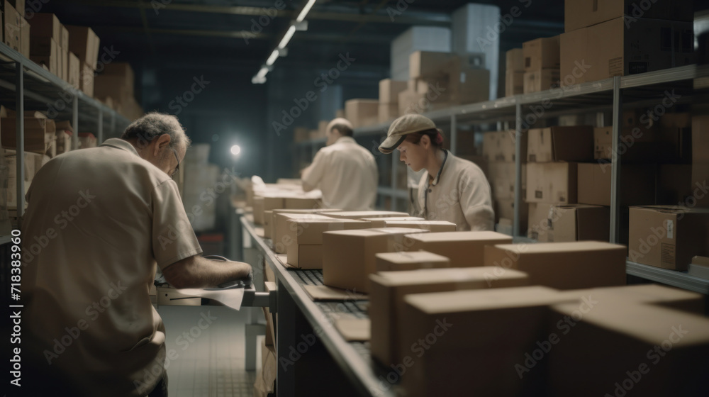 Worker in a warehouse in the logistics sector processing packages on the assembly line, transportation. created with ai