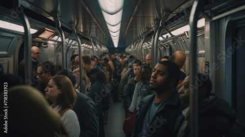 A big crowd of people in the subway metro in rush hour on their way home driving with trains © PintoArt