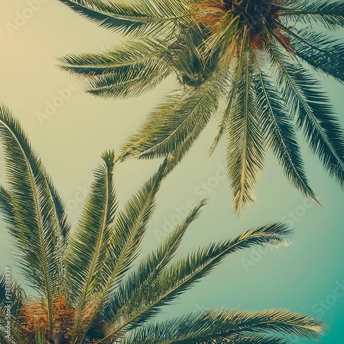 Blue sky and palm trees view from below  vintage style  tropical beach  and summer background