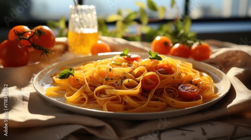  a plate of pasta with tomatoes and parsley on a table with a glass of wine and tomatoes in the background.