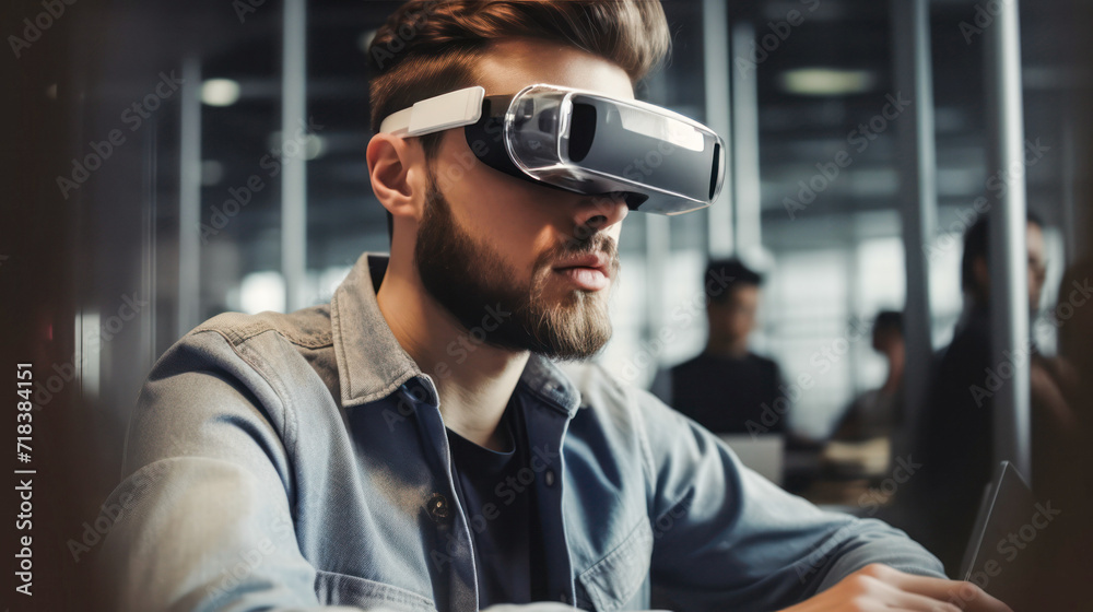 Young man playing video games at work with virtual reality. Created with AI. Young man playing video games at work with virtual reality. Created with AI.