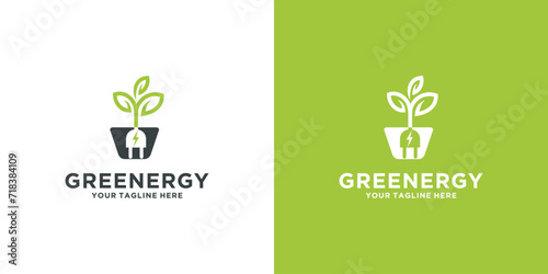 green energy design template. logo for natural energy, vector leaf with a combination of electricity icons