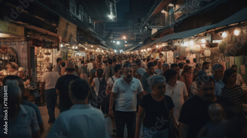 market of an Asian country at night full of people. main Street. tourists. created with ai.