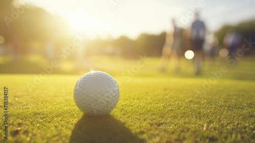 A golf ball sits poised on the green, bathed in sunlight, as players in the background strategize their next swing; a moment of anticipation and strategy