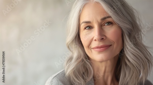 A beautiful elderly woman with gray hair, smiling warmly, on a soft light background. Graceful aging, dignified and joyful expression
