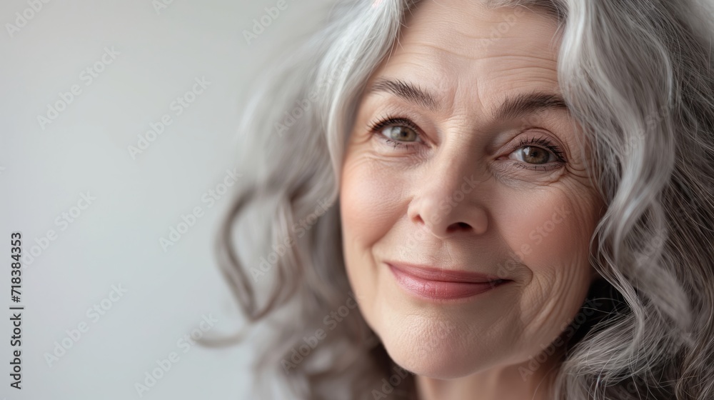 Close-up of a radiant elderly woman with elegant gray hair, smiling gently against a light pastel background. Focus on her expressive eyes and joyful demeanor Close-up of a radiant elderly woman with elegant gray hair, smiling gently against a light pastel background. Focus on her expressive eyes and joyful demeanor