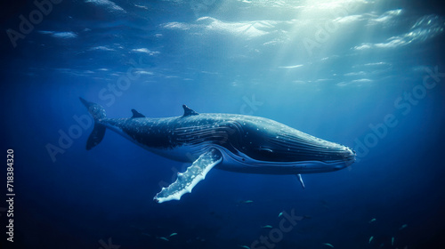 A Baby Humpback Whale Plays Near the Surface in Blue Water. Created with AI.