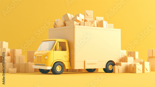 Illustration of a box delivery truck in yellow colors. Created with AI.